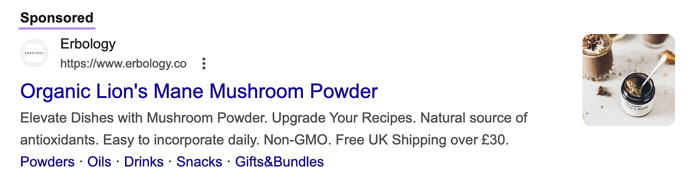 Erbology's search ad for a lion’s mane supplement