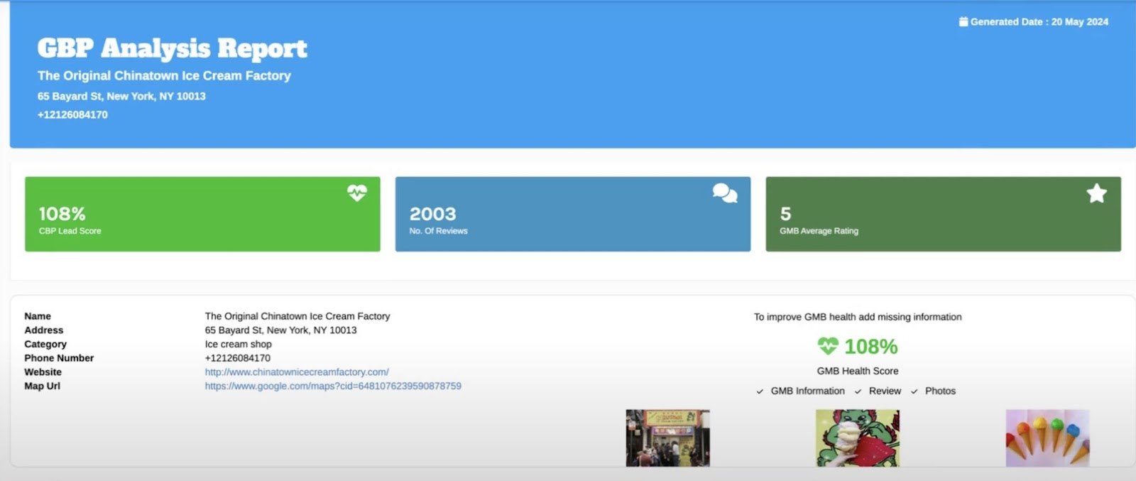 GBP analysis report on GMB Briefcase showing metrics like CBP lead score, number of reviews, and average rating.