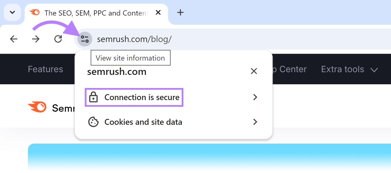 The secure connection icon for the Semrush blog page highlighted in the Google Chrome browser