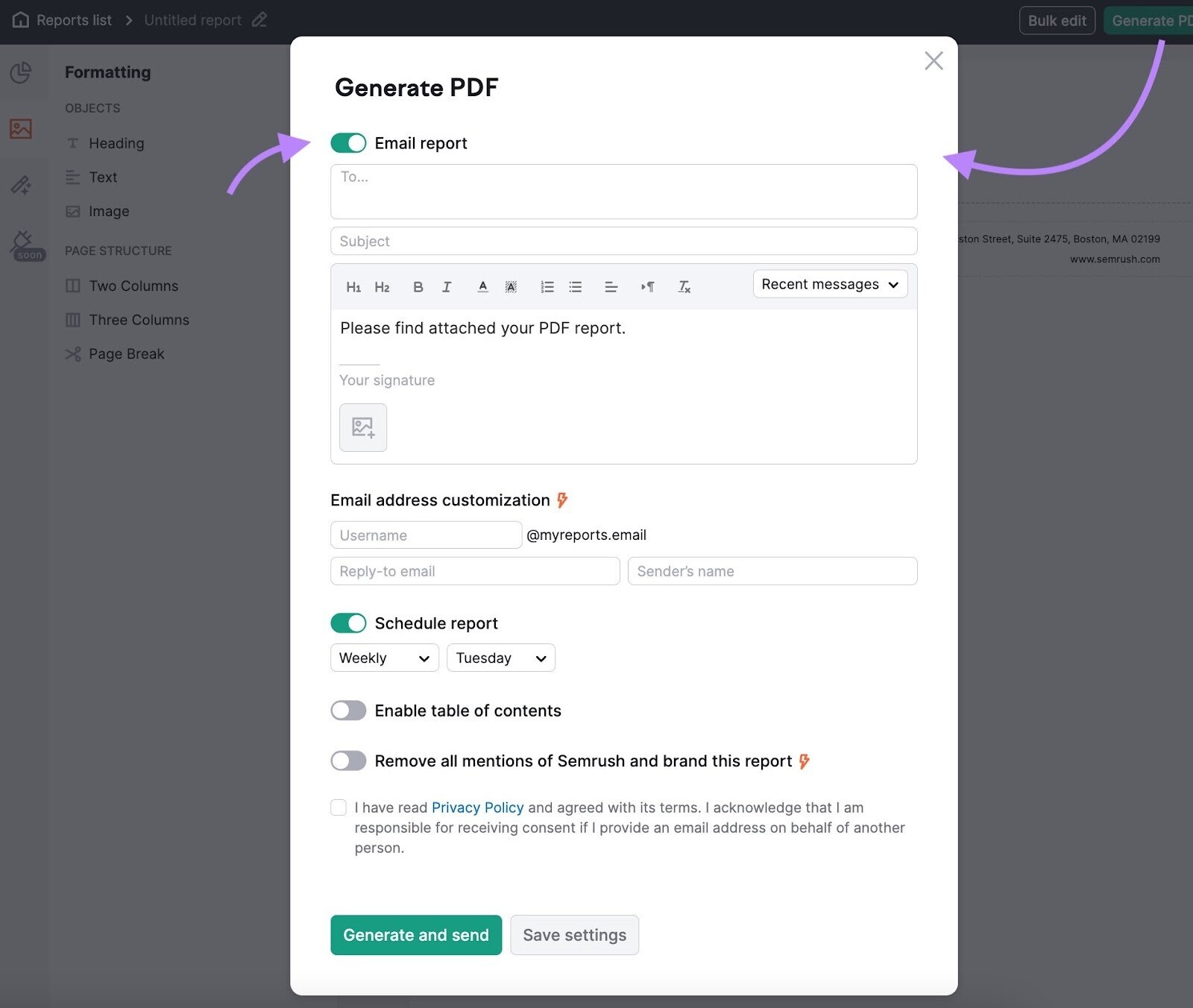 "Generate PDF" popup window