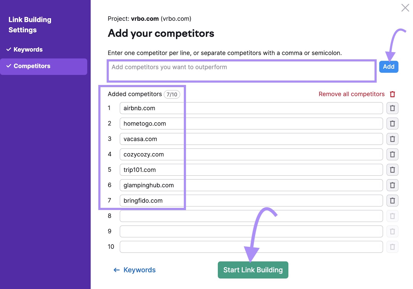 "Add your competitors" window in Link Building Tool settings