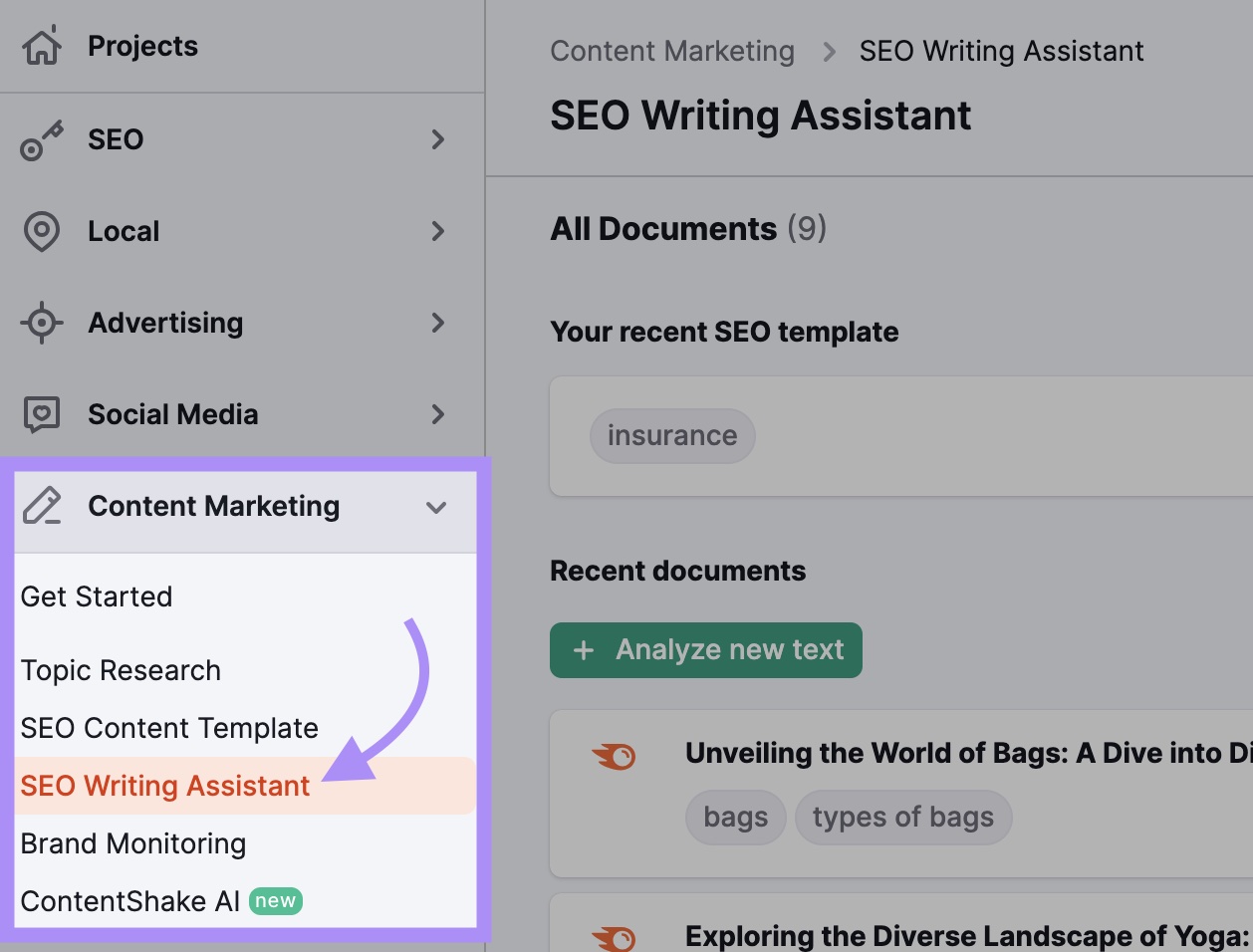 Navigating to "SEO Writing Assistant" in Semrush's sidebar