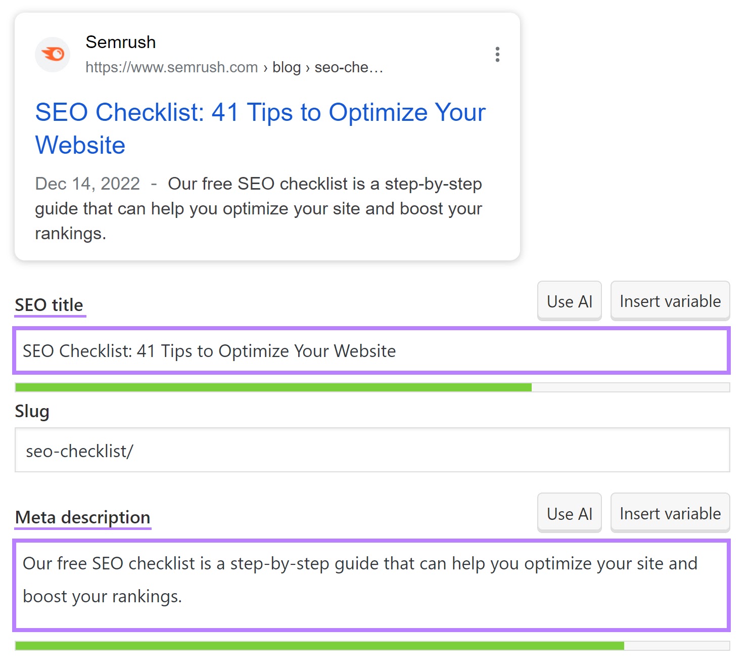 Yoast SEO plugin showing the “SEO title” and “Meta description” fields in Wordpress.