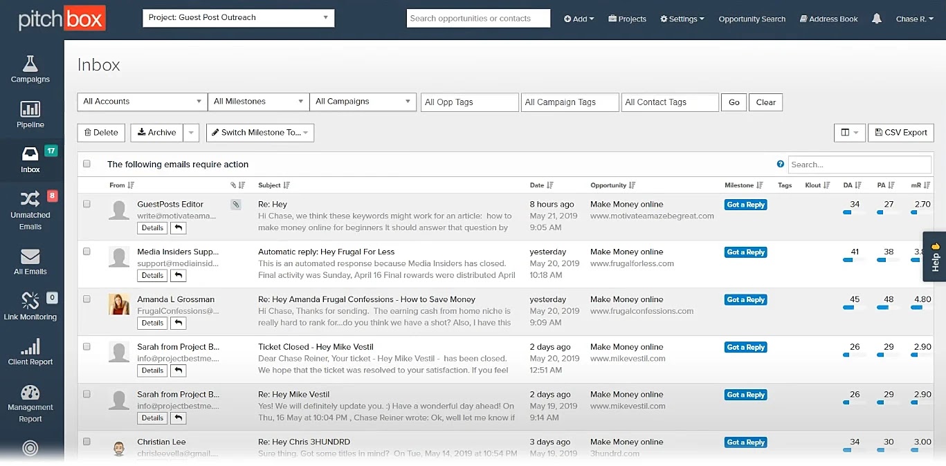 Pitchbox inbox interface