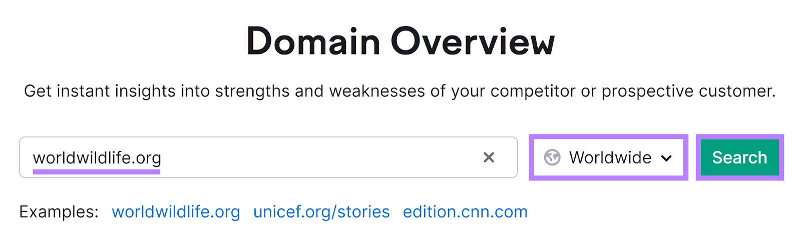 Semrush Domain Overview tool start with domain, location, and search button highlighted