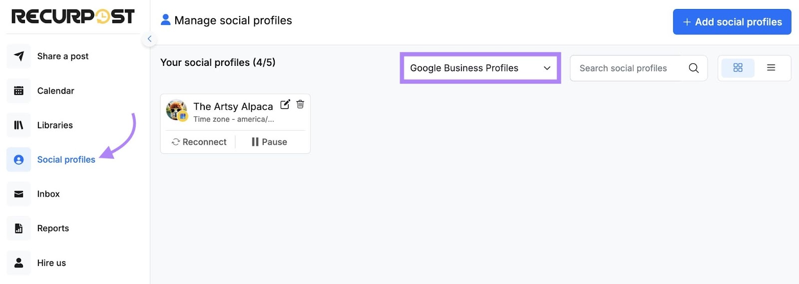 "Social profiles" tab on RecurPost with "Google Business Profiles" selected.