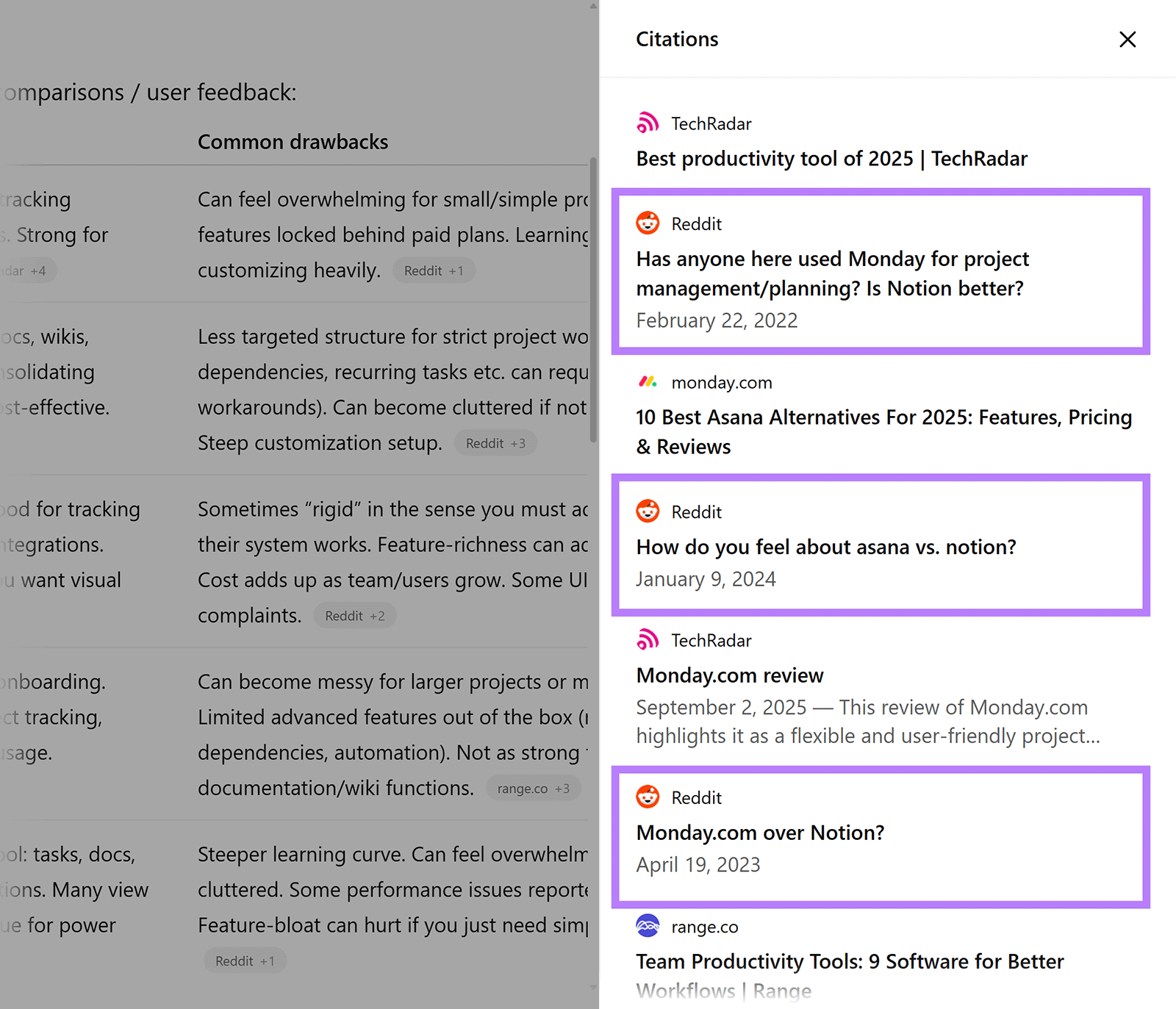ChatGPT citations panel showing multiple Reddit posts highlighted with boxes.