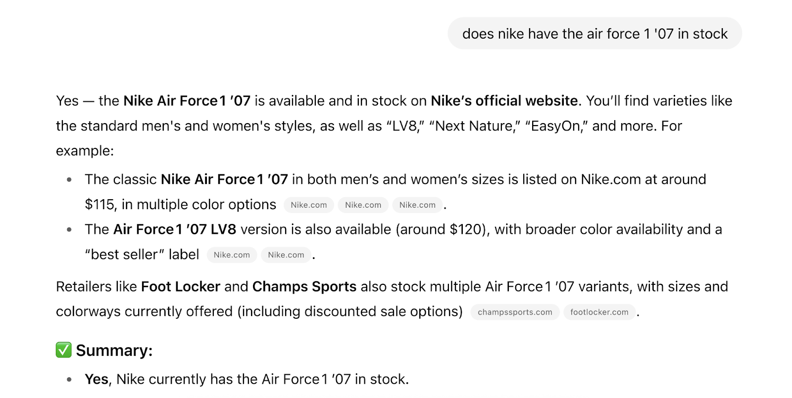When asking if that product is in stock, AI responds with data from the schema markup.