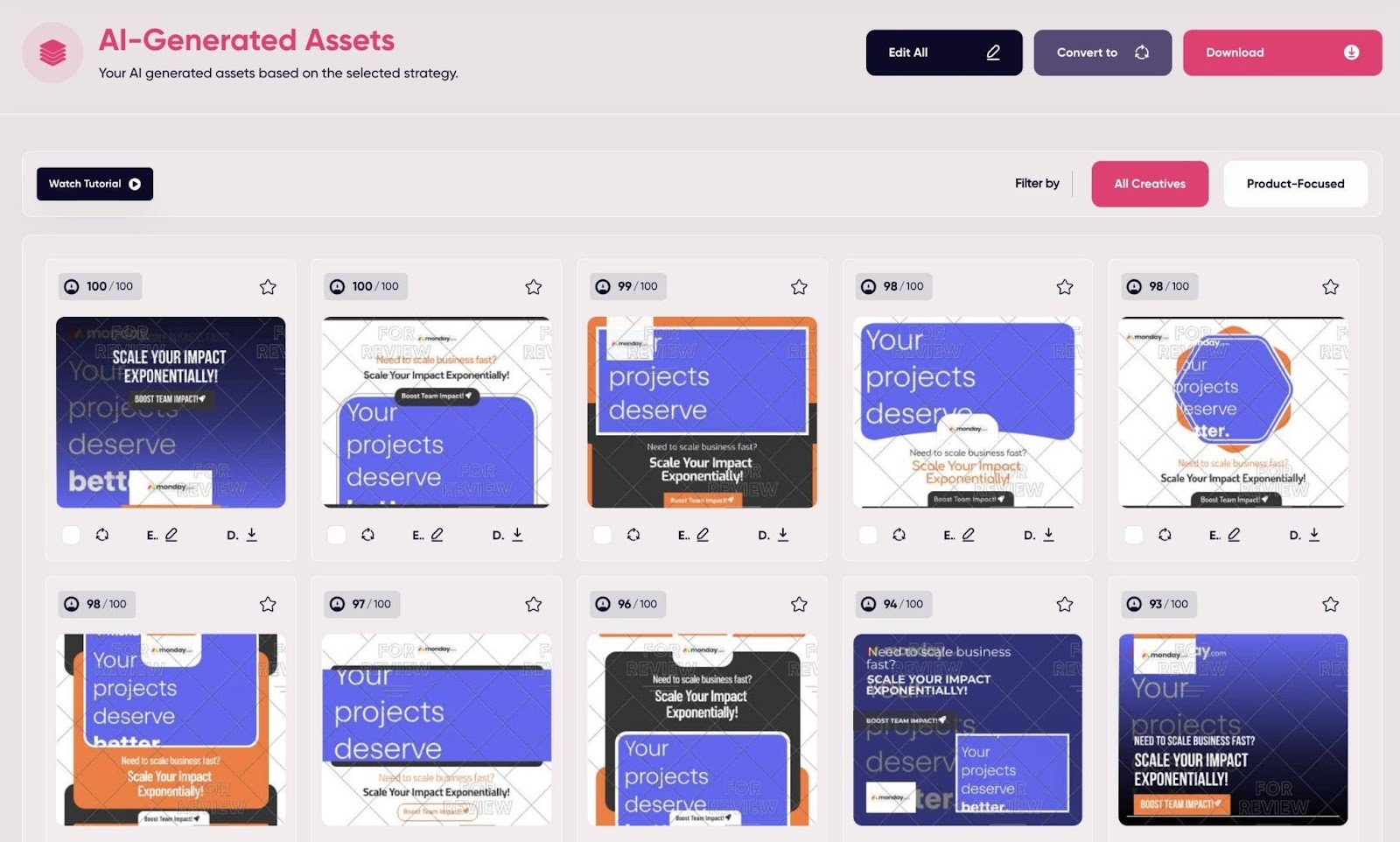 AI-Generated Assets displaying multiple versions of an ad on AdCreative.ai.