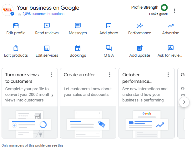 A Google Business Profile manager dashboard.