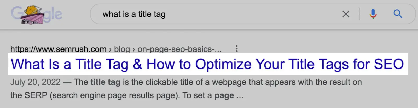 SERP for the term "what is a title tag" with the title tag in the top result highlighted.