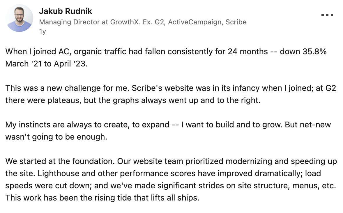 Thought leadership content example from Jakub Rudnik