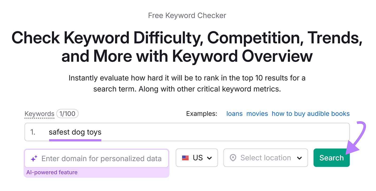 Keyword Overview input with “safest dog toys” typed and arrow pointing to Search.