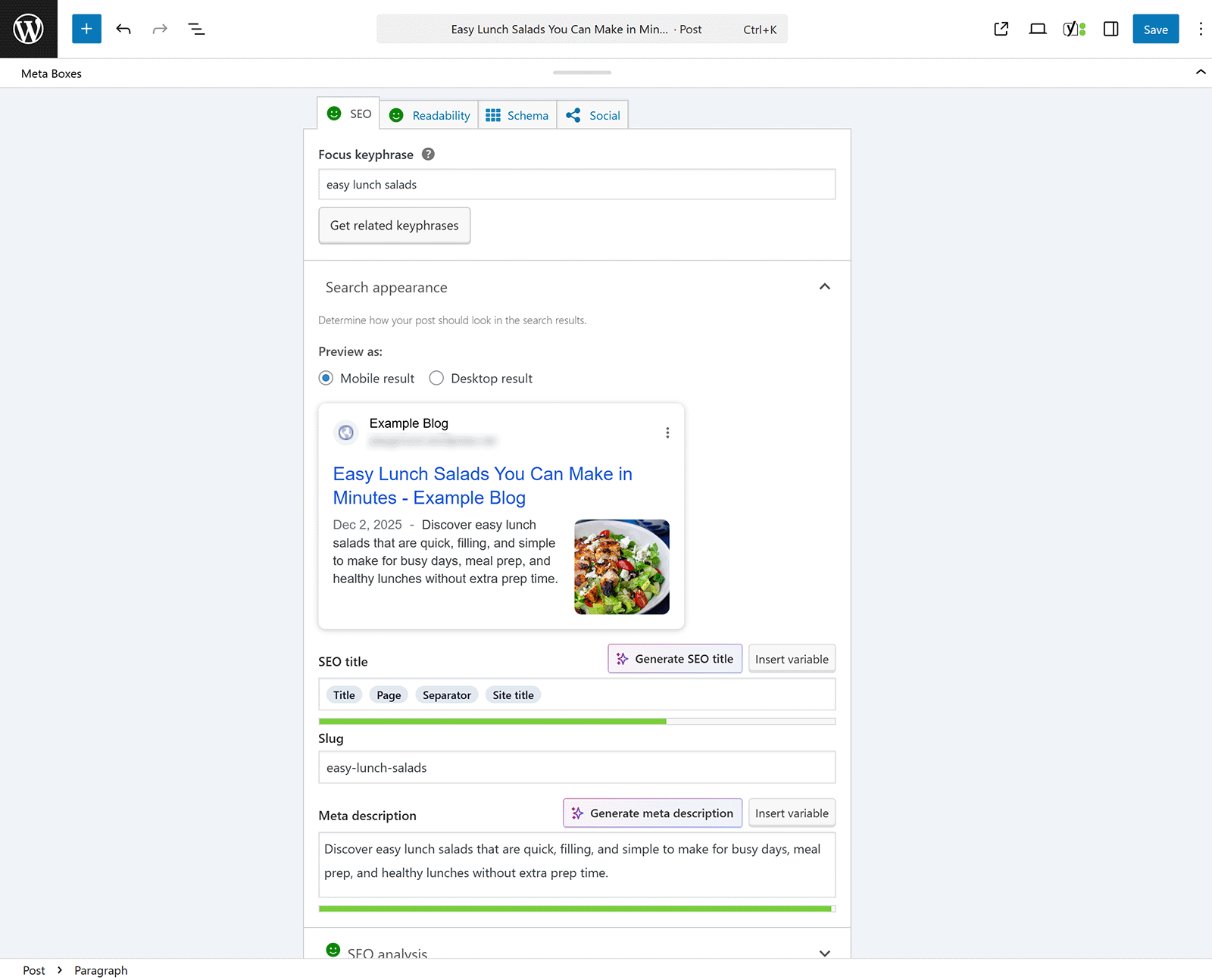 WordPress Yoast SEO panel showing fields for SEO title, slug, and meta description preview.