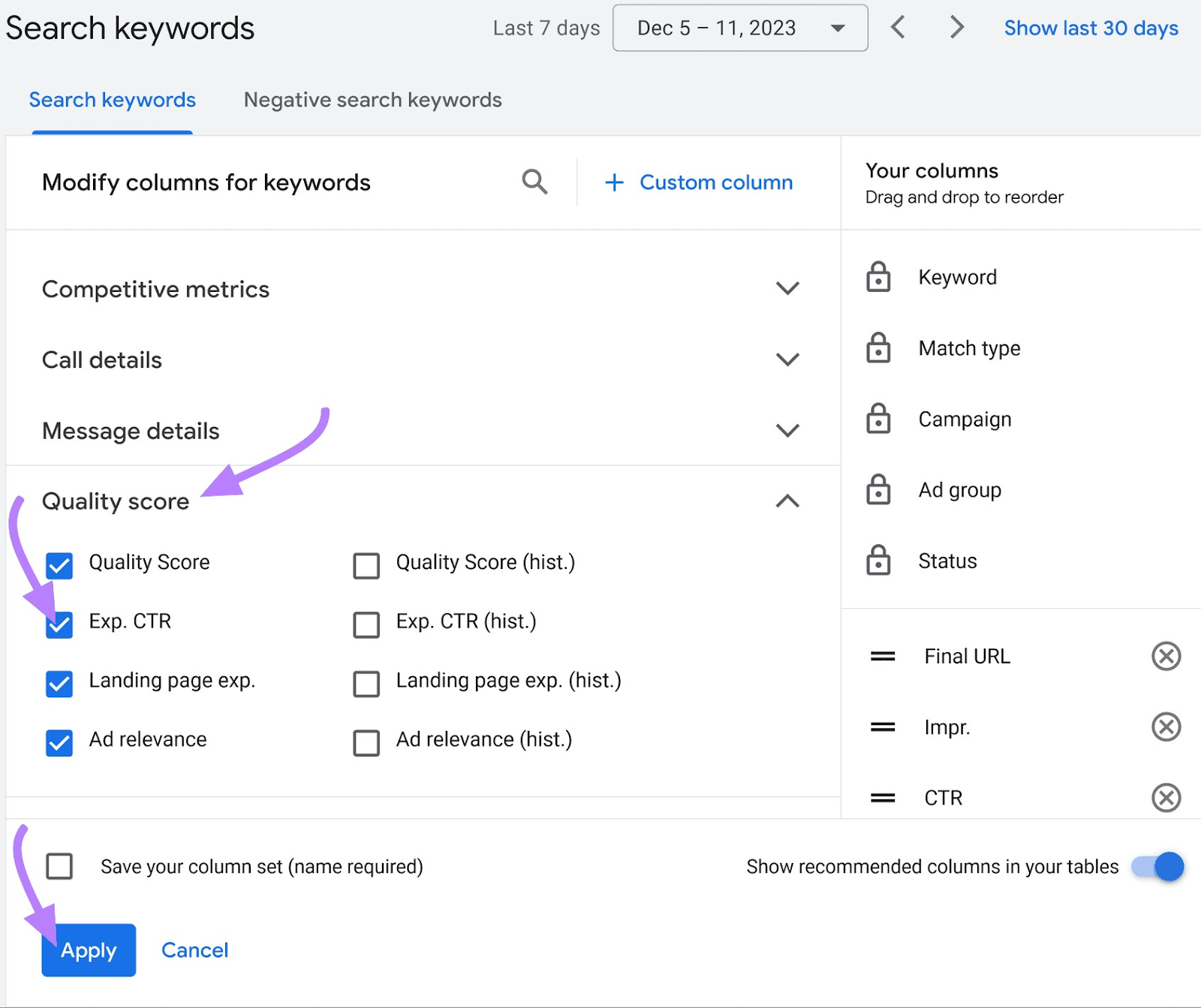 Adding selected Quality Score components