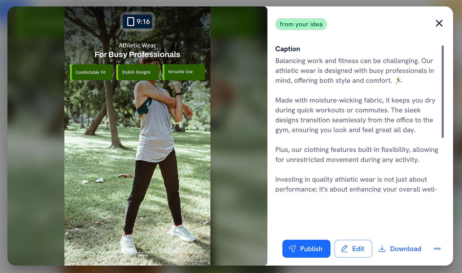 AI-generated social post featuring a woman stretching outdoors with caption about athletic wear for professionals.