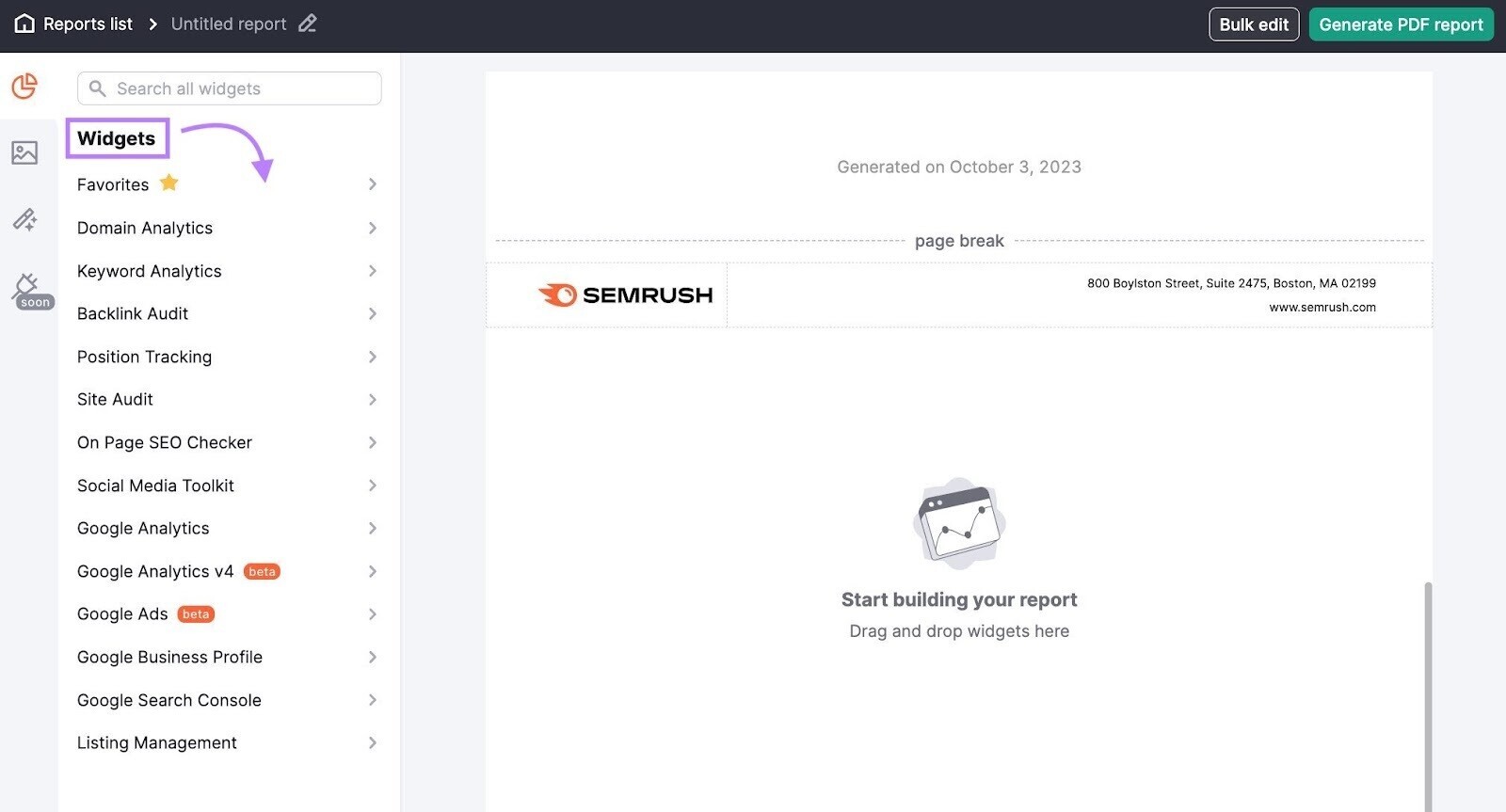 "Widgets" menu on the left in My Reports tool