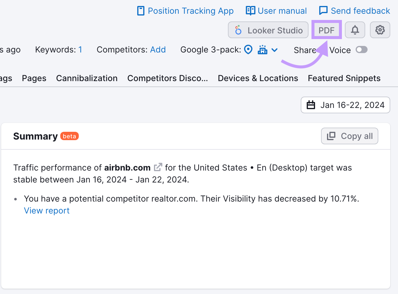 "PDF" button highlighted in Position Tracking tool