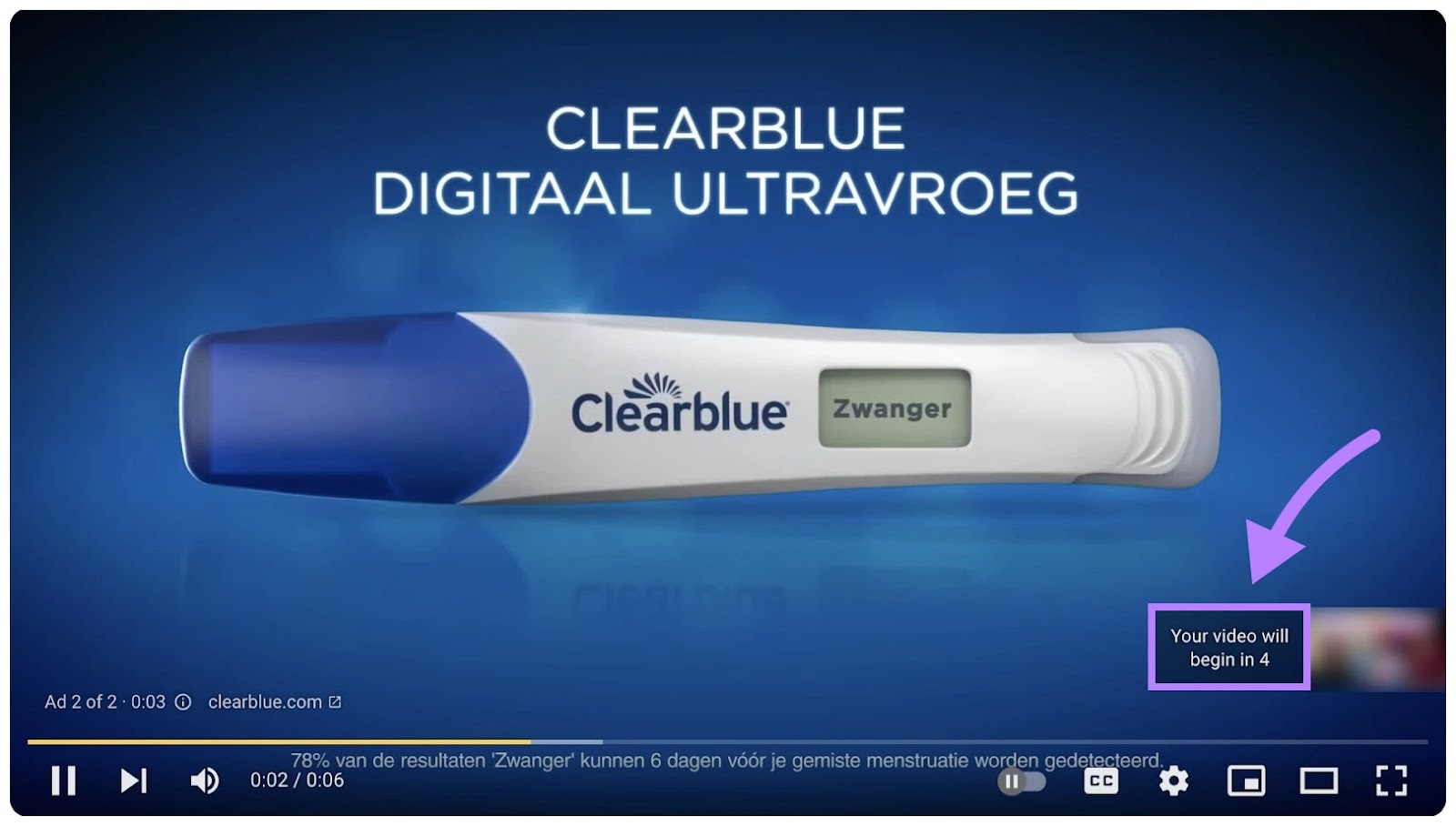 A non-skippable ad on YouTube with "Your video will begin in 4..." countdown