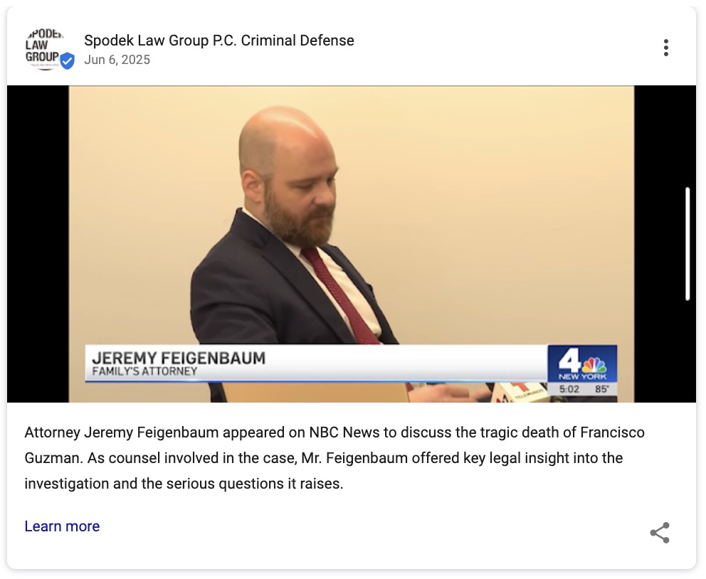 Google Business Profile post by Spodek Law Group showcasing their credibility by highlighting a media appearance where they provided legal analysis on a case.