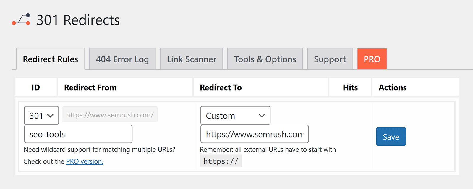 301 redirect plugin interface with URL path entered and custom destination set to sr02.devserver.cv URL.
