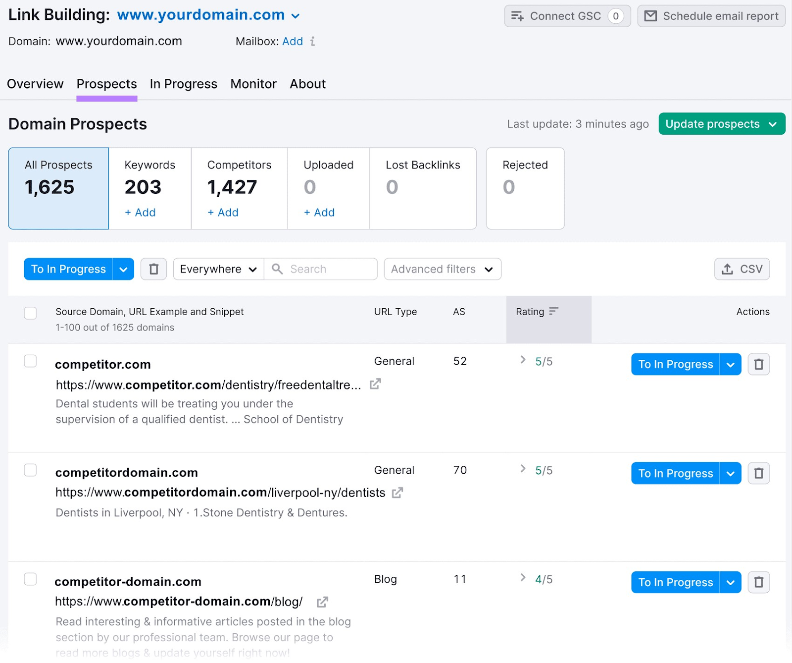 "Prospects" report in Link Building Tool