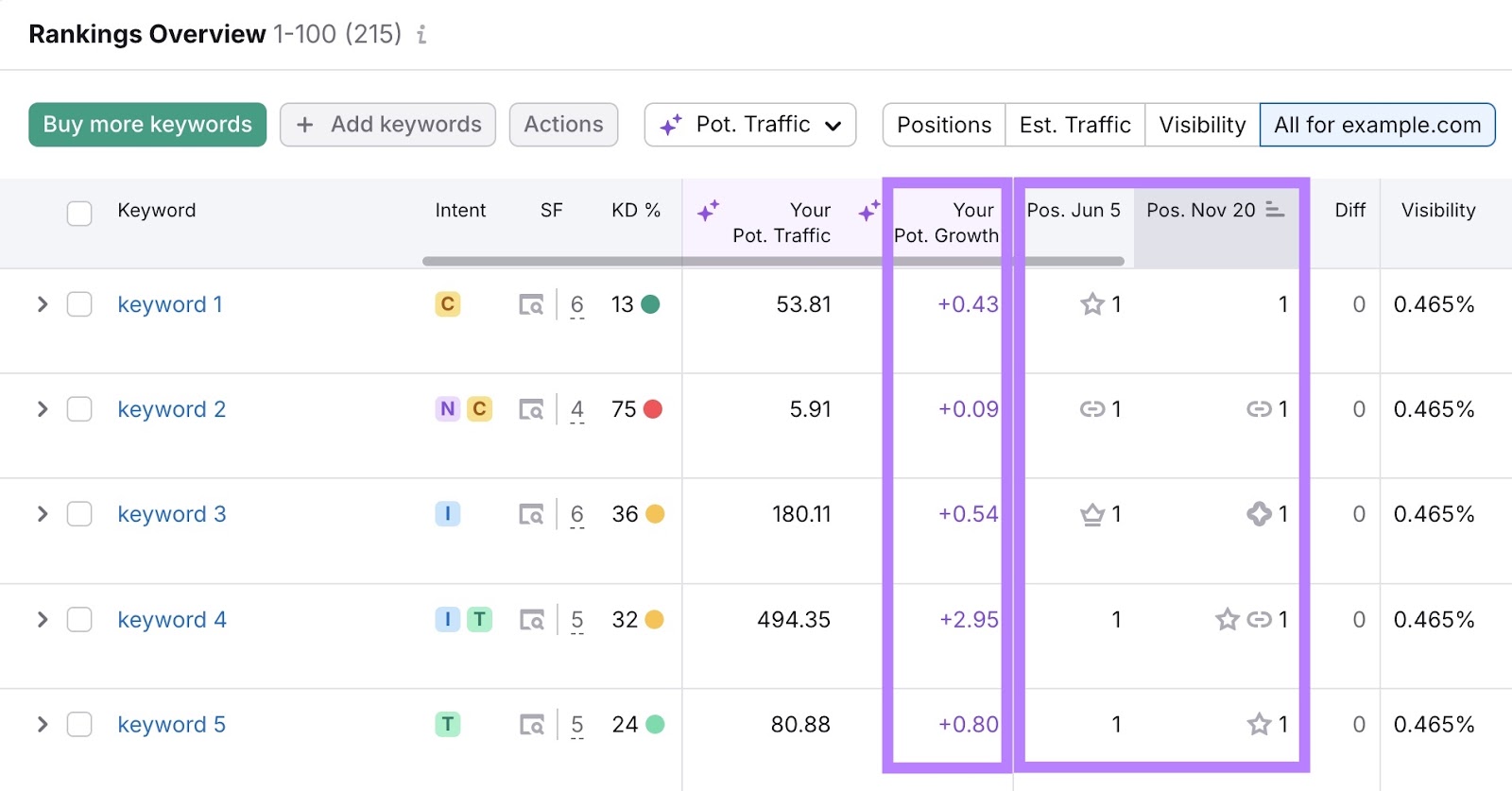 Rankings Overview on the Position Tracking tool with the "Positions" and "Your Potential Growth" columns highlighted.