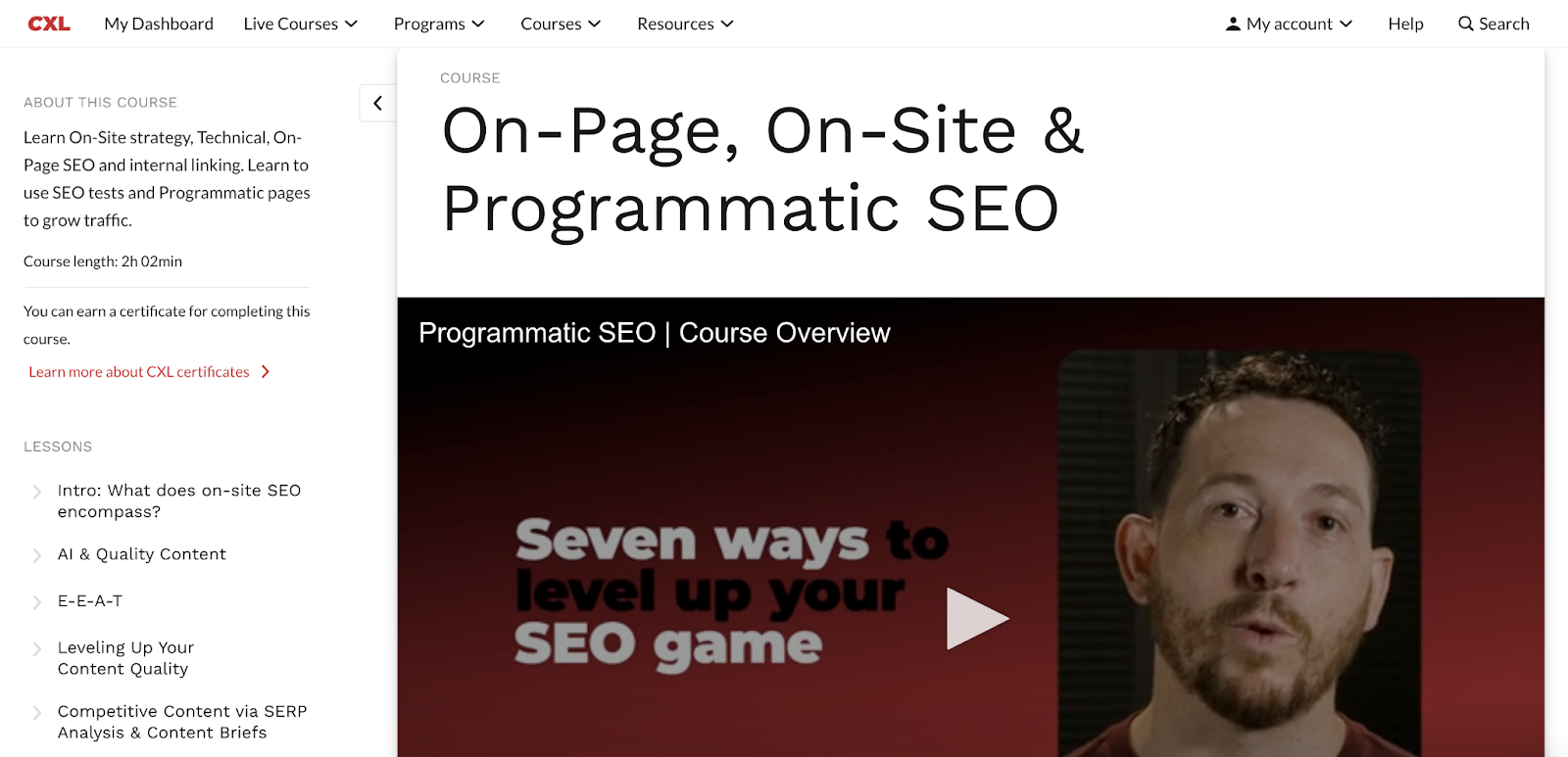 The SEO certification lists lessons with accompanying videos.