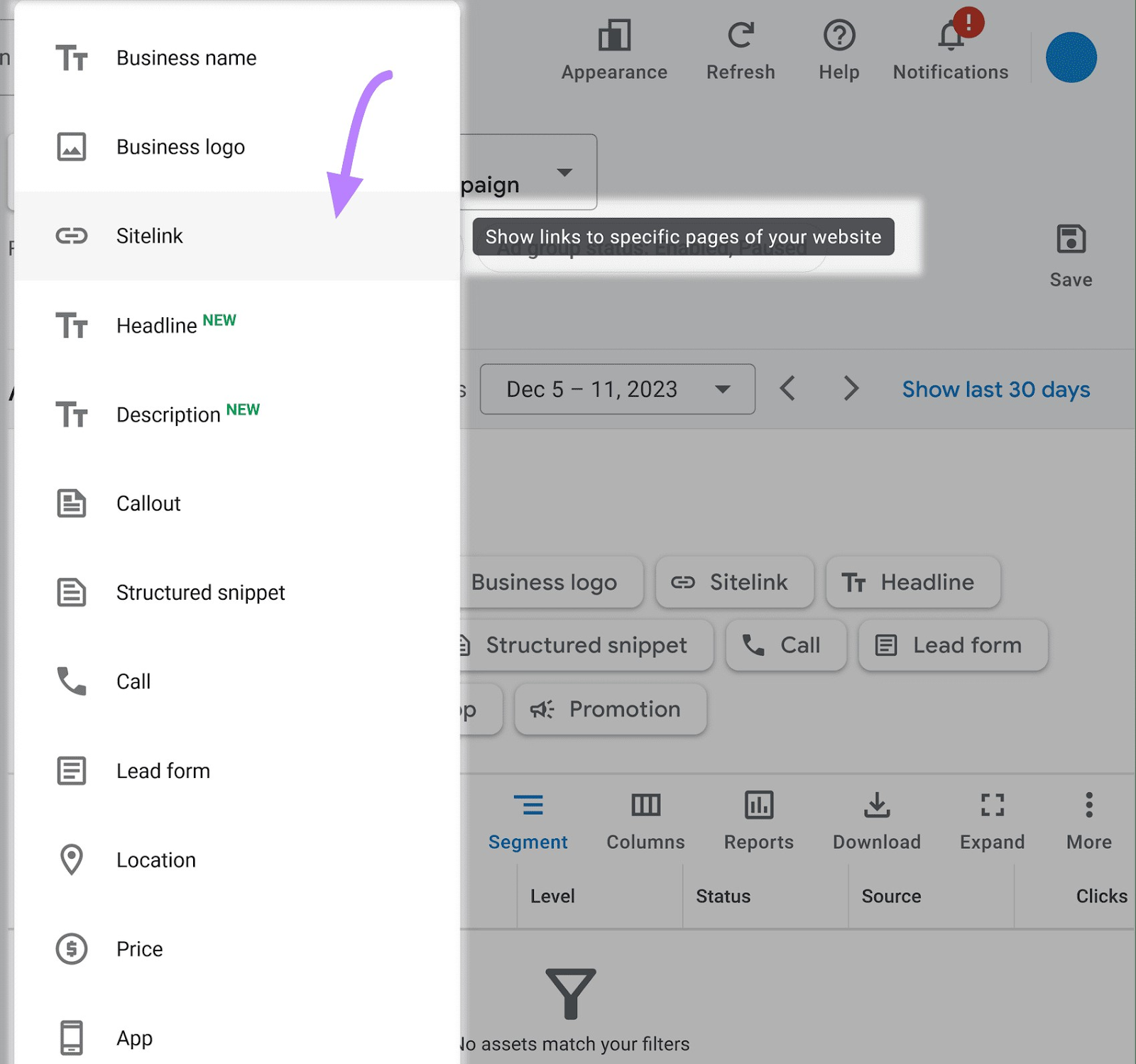 Adding a a sitelink asset