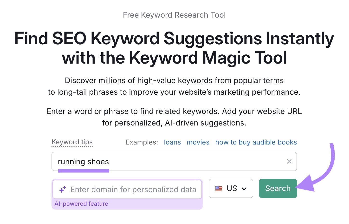 Keyword Magic Tool start with "running shoes" entered and "Search" clicked.