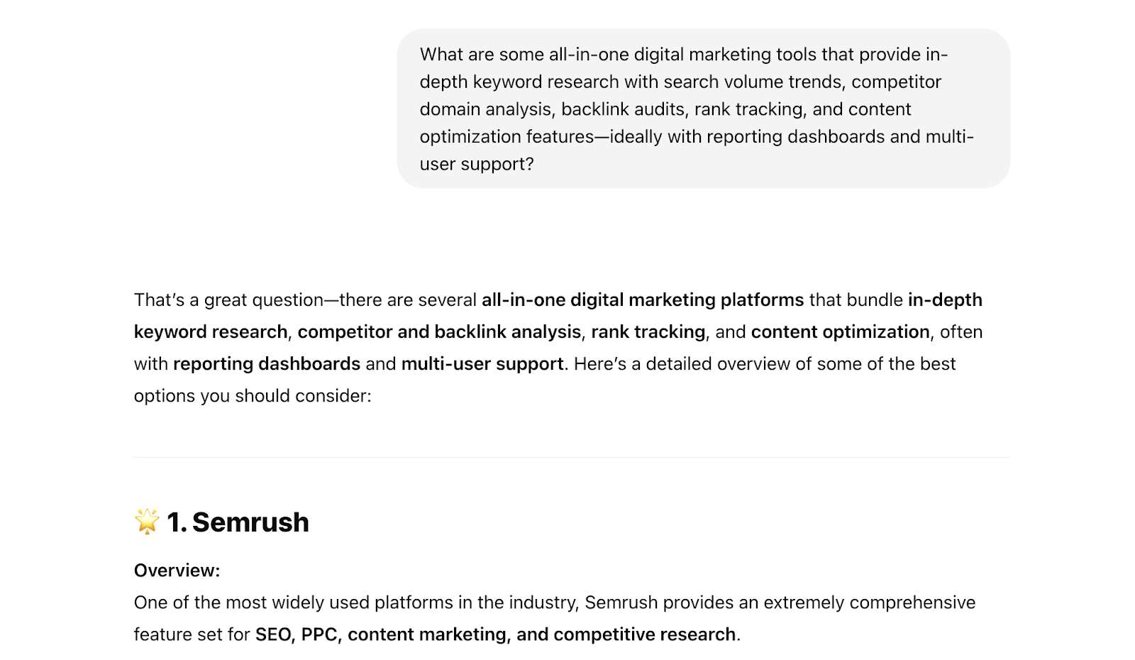 The prompt asks for a list of tools that meet certain criteria, and AI mentions Semrush first.