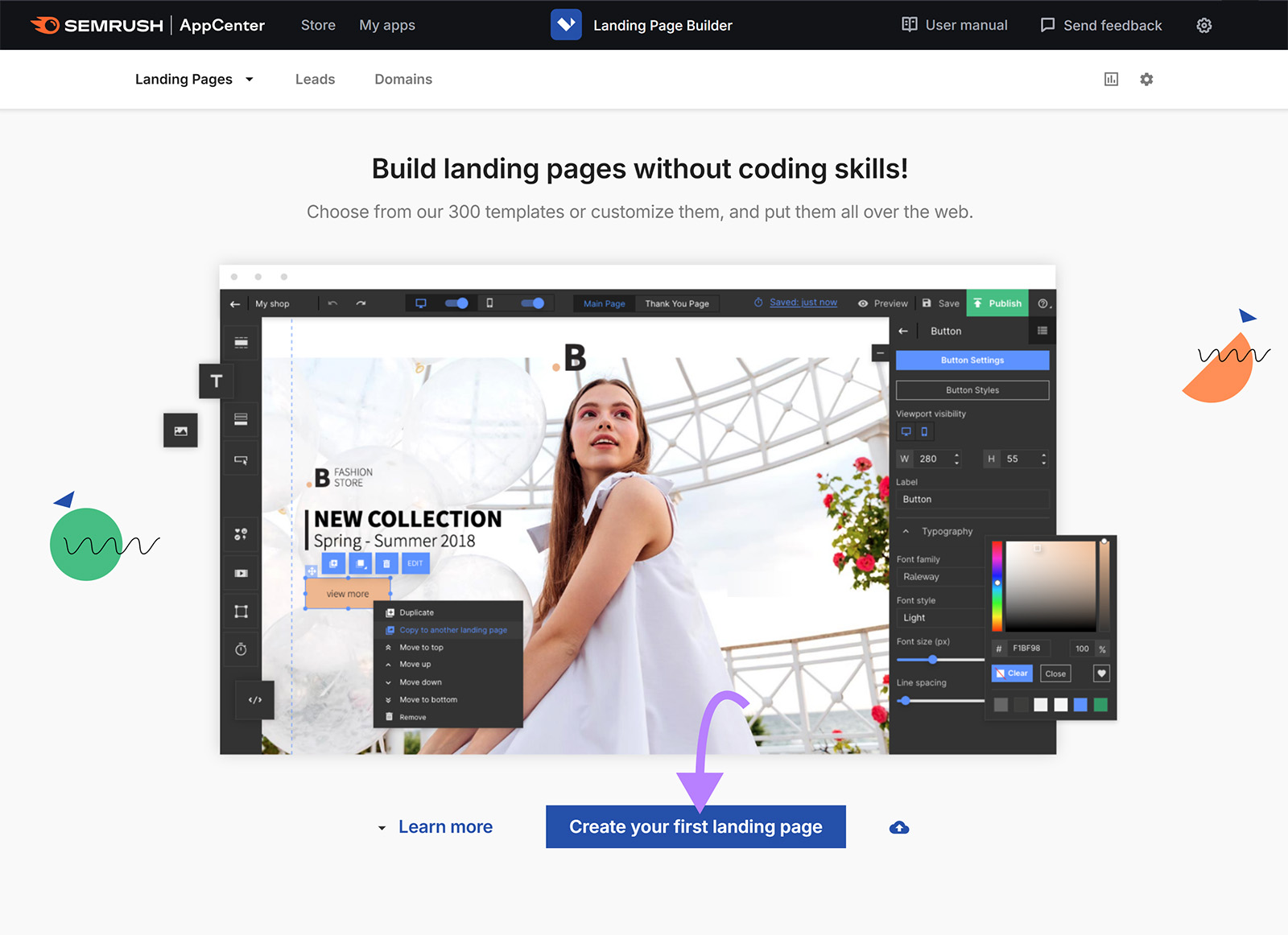 Semrush Landing Page Builder dashboard with arrow pointing to 'Create your first landing page' button