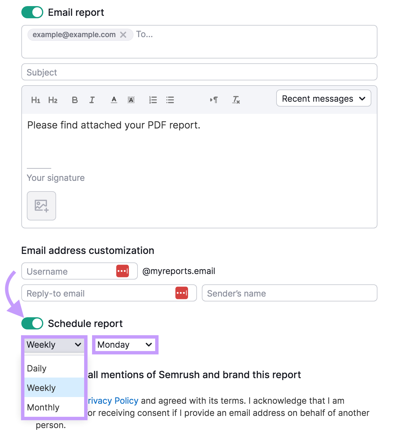 Choosing report settings in Position Tracking tool