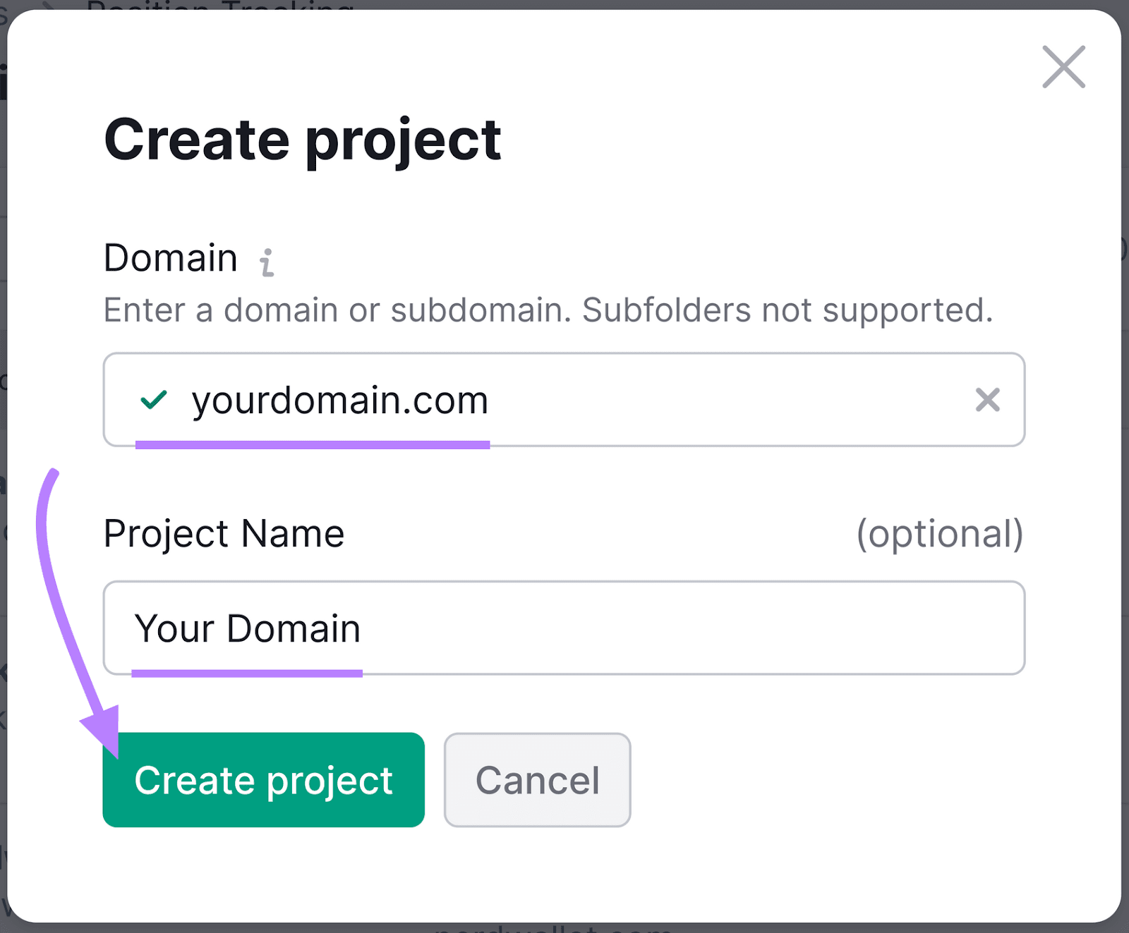 "Create project" pop-up window in Position Tracking tool