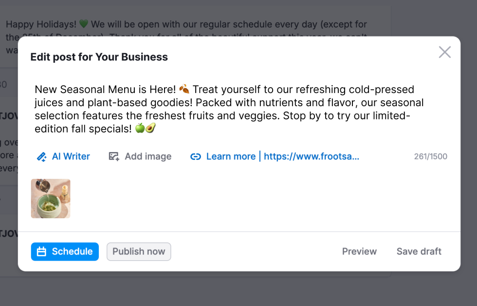 Using Semrush's GBP Optimization tool to generate a GBP posts using AI.