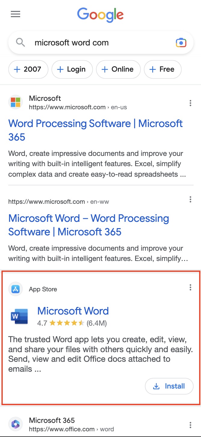 La fonctionnalité SERP d’applications dans les résultats de recherche sur mobile.
