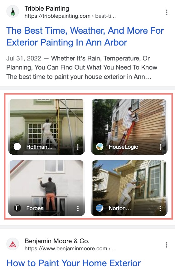 Un bloc d’images dans les résultats de recherche mobile.