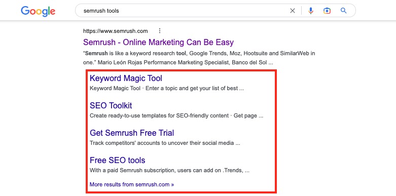 Sitelinks displayed on a desktop SERP