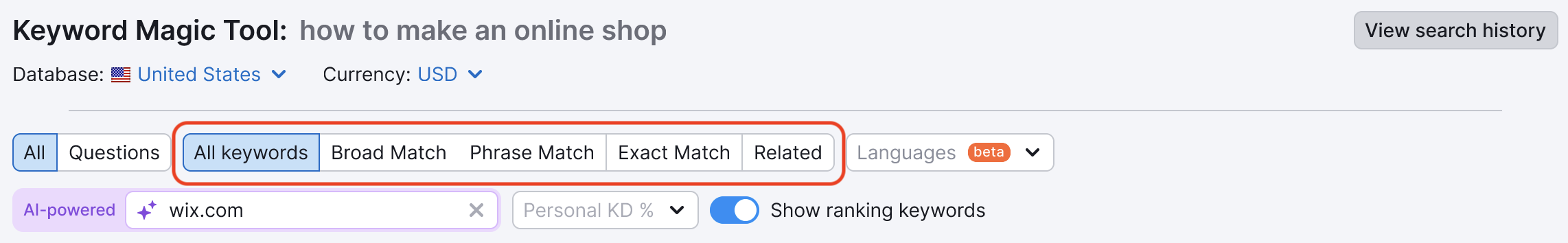 上部の [部分一致]、[フレーズ一致]、[完全一致]、[関連] のフィルタが赤い四角で強調された、キーワードマジックツールのダッシュボード。 