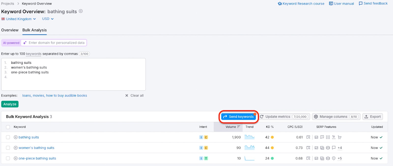 A Bulk Analysis report for several keywords. Above the list of all available metrics, a blue button called Send keywords, that sends all selected keywords to Keyword Strategy Builder is highlighted with red.