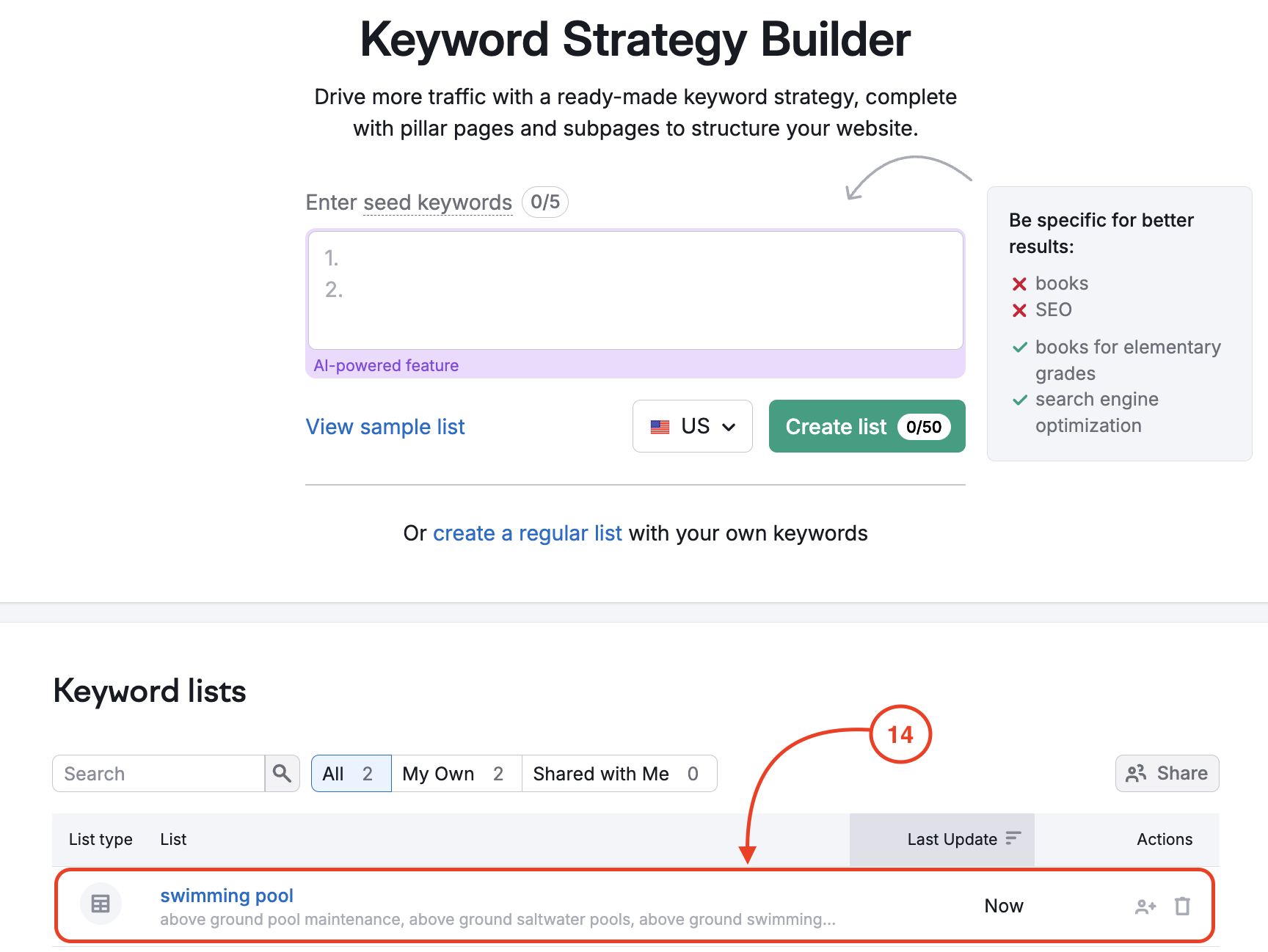 Keyword Strategy Builder start page with a field to enter keywords for analysis and a highlighted keyword list.