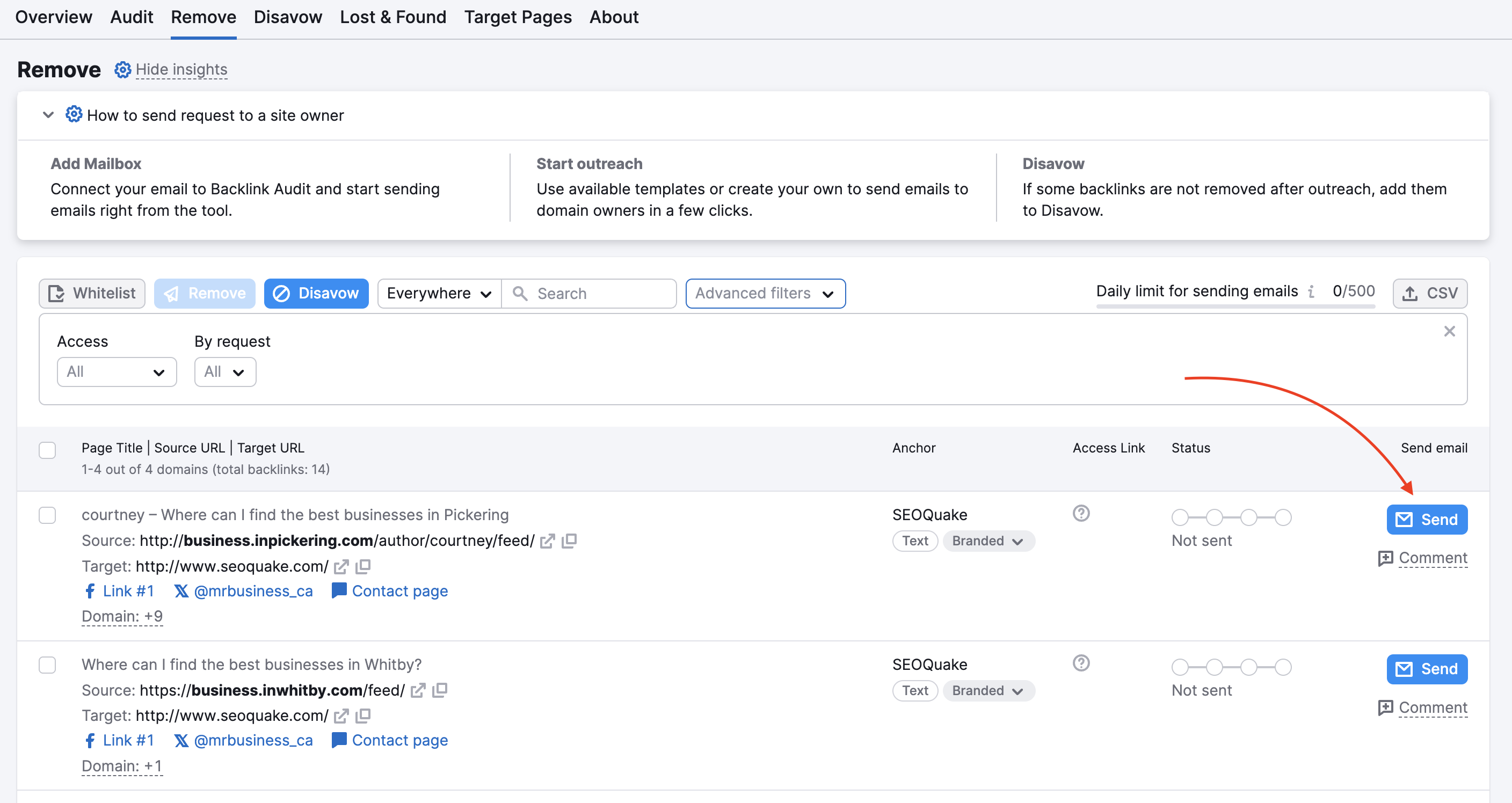 The Remove report in Backlink Audit: a red arrow is pointing to the Send button.