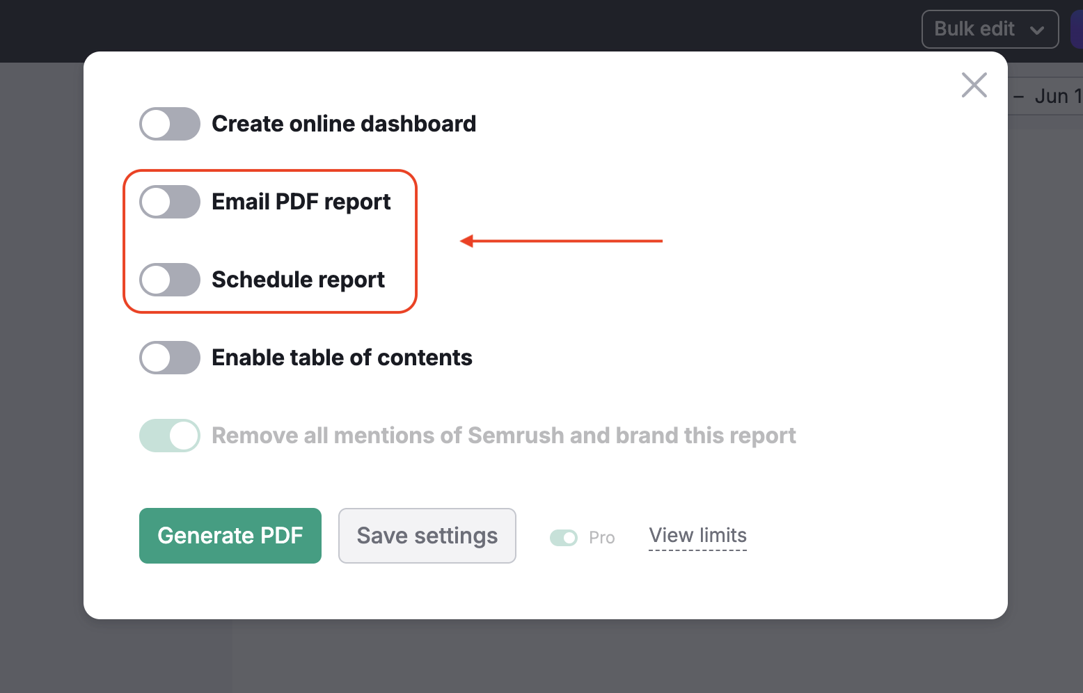 A pop-up window with all options provided after selecting the Generate PDF report button. Email report and Schedule report are highlighted and toggled off.