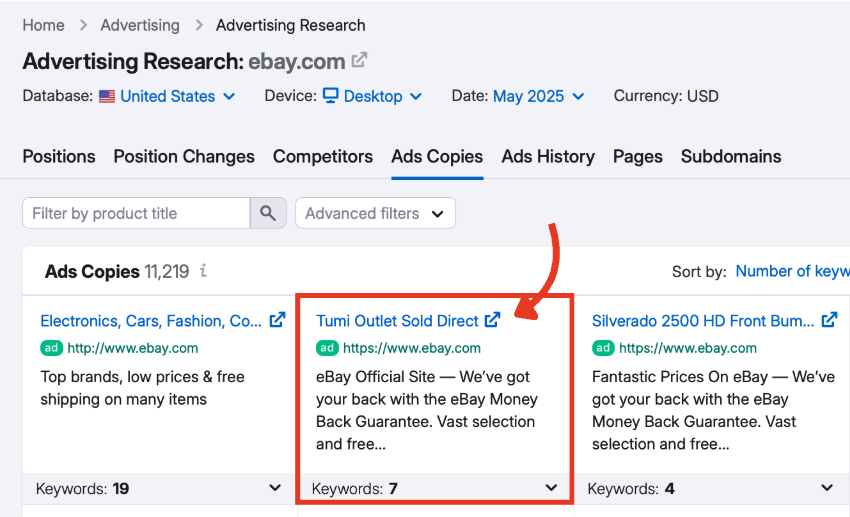 A single ad copy block from the Ads Copies report, showing headline, URL, description, and keywords tab.