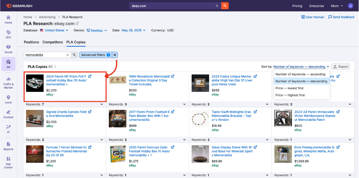 Highlighted PLA tile with product details and number of keyword matches displayed.