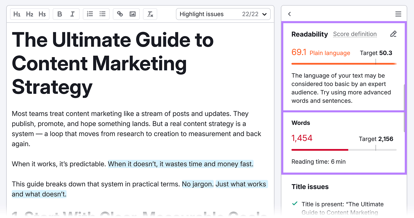 Readability section in SWA sidebar showing Readability score and Word count.