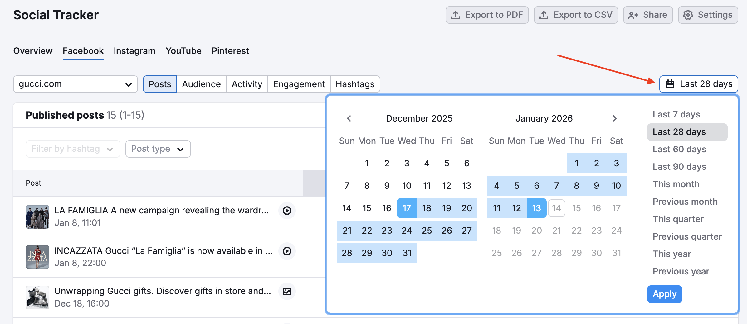 The Social Tracker Overview report with an open date range menu in the top-right corner.